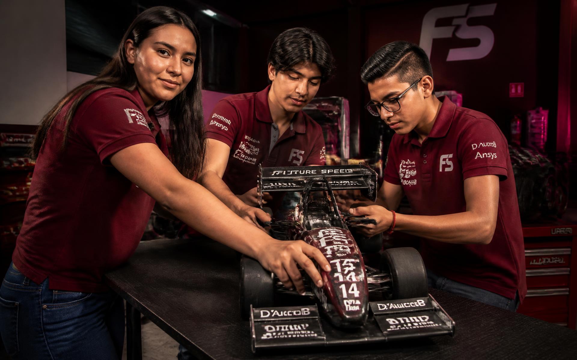 Estudiantes mexicanos presentando su auto de Fórmula 1 a escala en un taller escolar